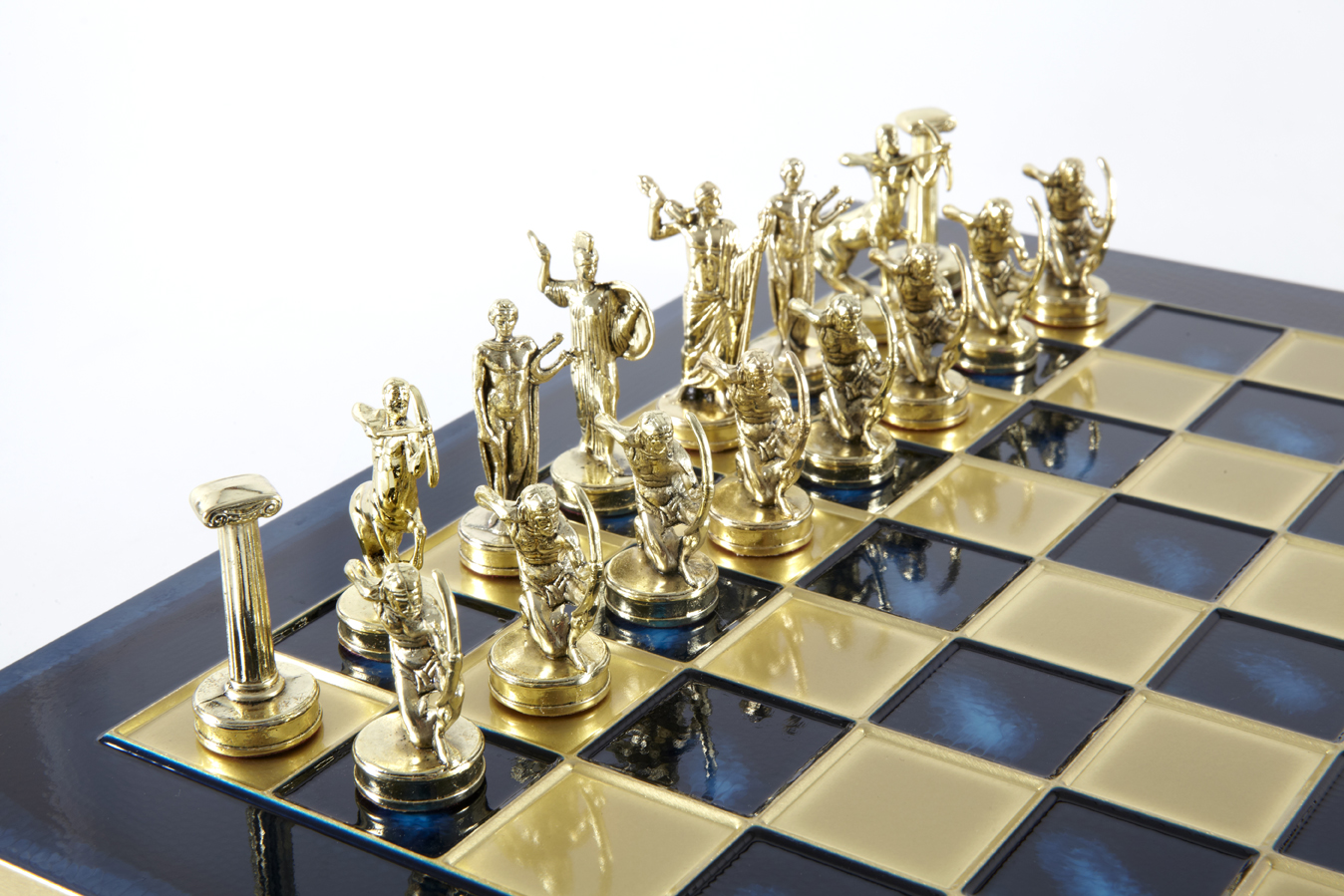 Labours of Hercules chess set with gold-silver chessmen/Blue chessboard 36 sm